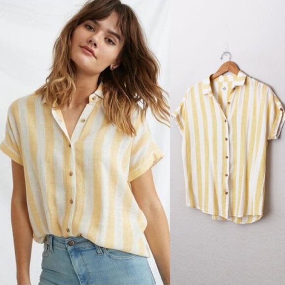 Marine Layer Dana Striped Shirt Yellow White Button Down Top Linen Blend S $88 - Picture 1 of 15